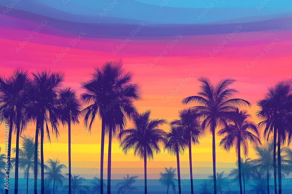 tropical beach on sunset with palm trees and birds tropical beach on sunset with palm trees and birds