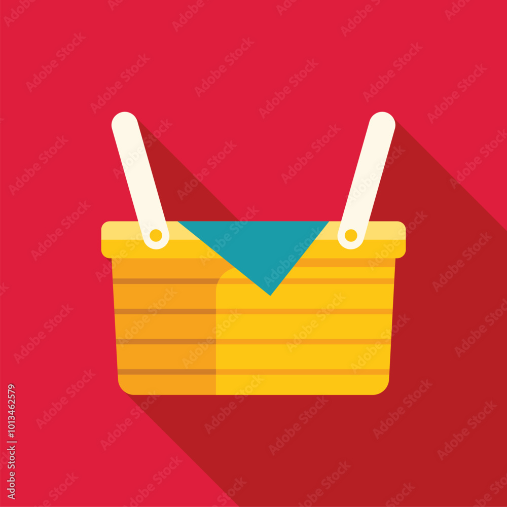 Yellow wicker picnic basket with blue blanket, long shadow design, isolated on a red background Yellow wicker picnic basket with blue blanket, long shadow design, isolated on a red background