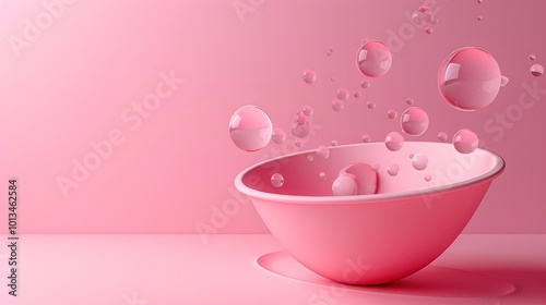 Floating pink spheres or bubbles suspended in a glass bowl against a soft pastel colored background Minimalist abstract and dreamlike composition with a sense of elegance and luxury