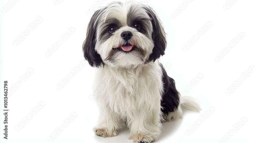 A delightful Shih Tzu, featuring long and silky fur, sits contentedly, exuding a friendly aura against a pristine white backdrop. Its playful expression adds warmth to the scene. A delightful Shih Tzu, featuring long and silky fur, sits contentedly, exuding a friendly aura against a pristine white backdrop. Its playful expression adds warmth to the scene.