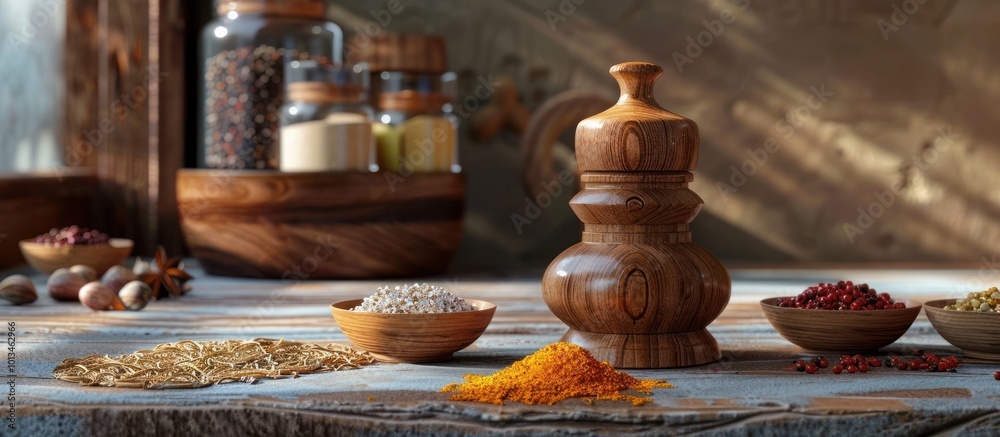 Assorted spices dried herbs and cooking ingredients displayed on a rustic wooden table The image suggests a concept of homemade organic cooking meal gourmet cuisine Assorted spices dried herbs and cooking ingredients displayed on a rustic wooden table The image suggests a concept of homemade organic cooking meal gourmet cuisine