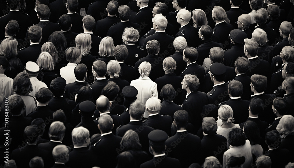 Obraz premium Photograph an individual dressed distinctly among a large crowd wearing uniform or similar attire, creating a contrast between them and the crowd