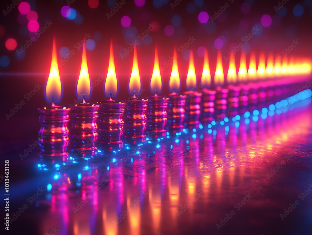 Futuristic Menorah Candles: Detailed Macro Shot of Neon Flames Flickering, Capturing Modern Hanukkah Spirit in Flat Vector Design Futuristic Menorah Candles: Detailed Macro Shot of Neon Flames Flickering, Capturing Modern Hanukkah Spirit in Flat Vector Design