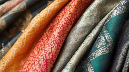 An elegant assortment of Indian fabrics featuring exquisite patterns and vibrant hues, embodying the beauty of modern luxury and tradition.