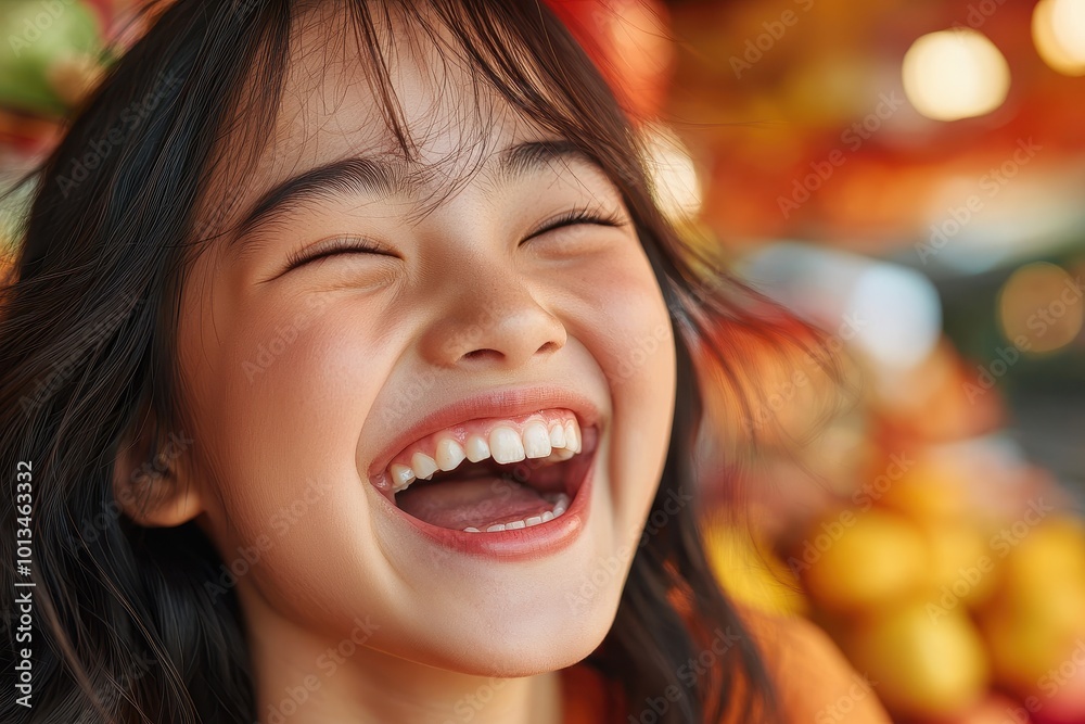 Happy girl laughing with joy in a vibrant market setting. Happy girl laughing with joy in a vibrant market setting.