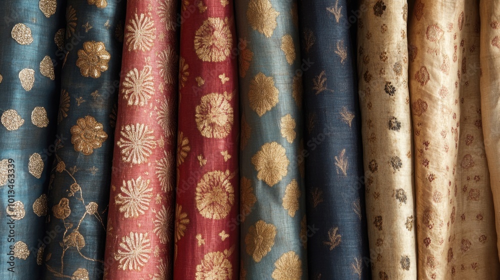 An elegant assortment of luxurious Indian fabrics showcasing intricate designs and rich colors, highlighting the beauty of textile art. An elegant assortment of luxurious Indian fabrics showcasing intricate designs and rich colors, highlighting the beauty of textile art.