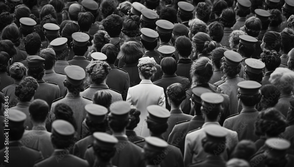 Obraz premium Photograph an individual dressed distinctly among a large crowd wearing uniform or similar attire, creating a contrast between them and the crowd