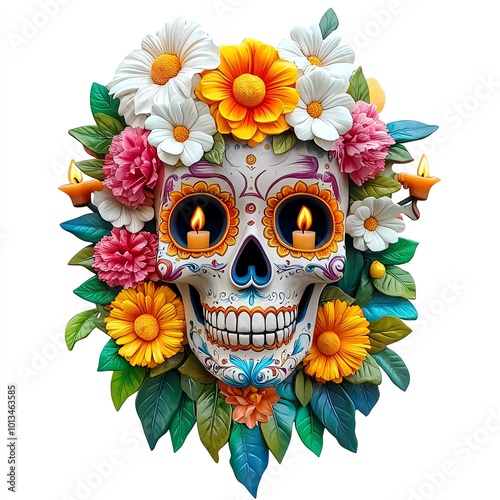 Colorful skull adorned with vibrant flowers