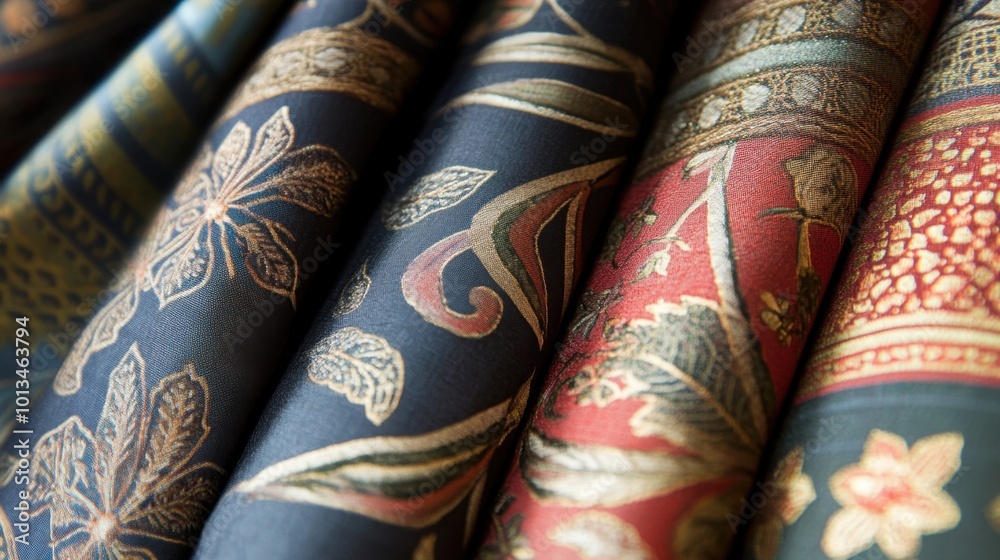 An elegant display of Indian fabrics showcasing exquisite designs and rich colors, representing modern luxury and traditional artistry. An elegant display of Indian fabrics showcasing exquisite designs and rich colors, representing modern luxury and traditional artistry.