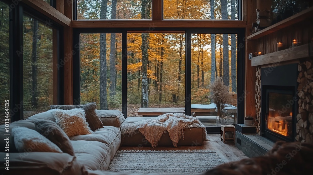 Cozy living room with fireplace and large windows overlooking autumn forest. Cozy living room with fireplace and large windows overlooking autumn forest.
