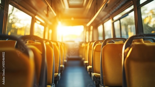 Interior of a bus with empty seats illuminated by sunlight.