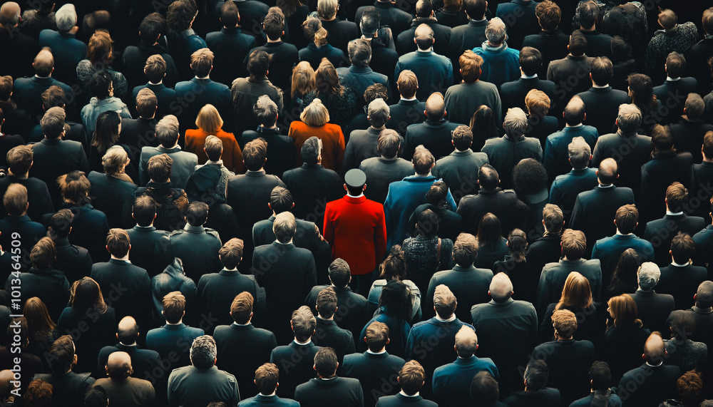 Obraz premium Photograph an individual dressed distinctly among a large crowd wearing uniform or similar attire, creating a contrast between them and the crowd