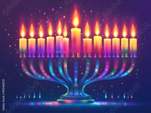 Vibrant Flat Glowing Menorah with Candles - Abstract Digital Art for Hanukkah Advertisements, Emphasizing Spirituality and Festive Warmth