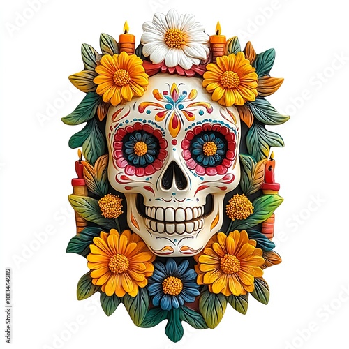 Colorful skull with flowers and candles.