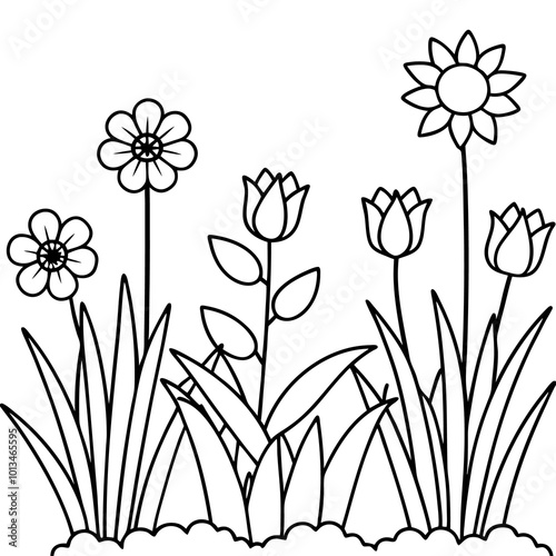 simple garden flowers outline coloring book page line art drawing