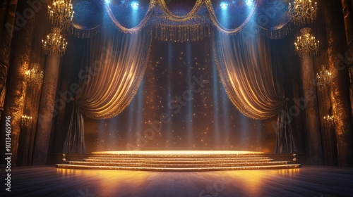 An enchanting beauty pageant stage with radiant lights, exuding an air of beauty and elegance. Realistic, highly detailed