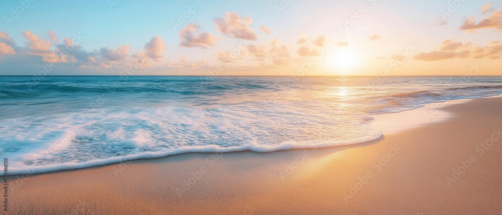 Tropical Beach Scene at Dawn or Dusk with Palm Trees