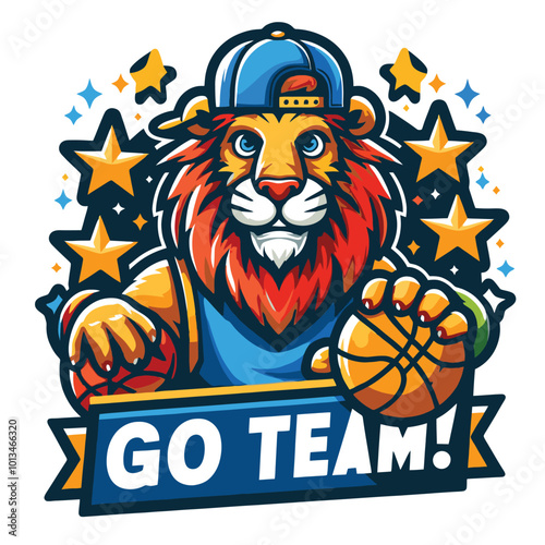 This fierce lion mascot, sporting a basketball uniform and a confident grin, is ready to inspire your team to greatness. photo