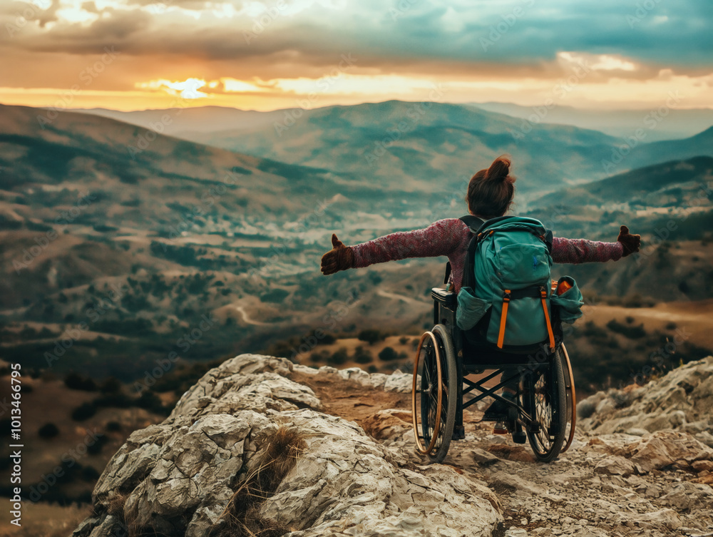 A woman in a wheelchair is standing on a rocky mountain top, giving a thumbs up sign. Concept of freedom and adventure