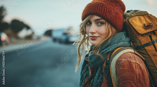 Woman Hiking Solo Down a Deserted Road photo