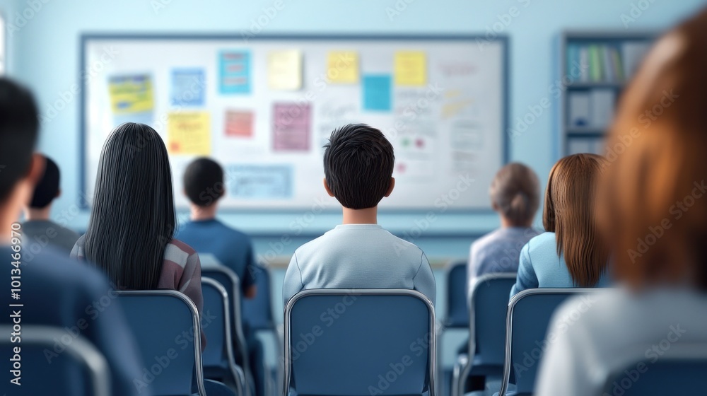 Fototapeta premium Students attentively listening in a classroom setting with notes on the board.