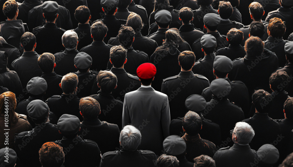 Obraz premium Photograph an individual dressed distinctly among a large crowd wearing uniform or similar attire, creating a contrast between them and the crowd