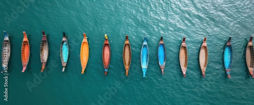 Vibrant Wooden Boats Lined in Serene Waters: A Stunning Aerial View of Coastal Beauty photo