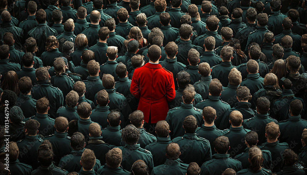 Obraz premium Photograph an individual dressed distinctly among a large crowd wearing uniform or similar attire, creating a contrast between them and the crowd