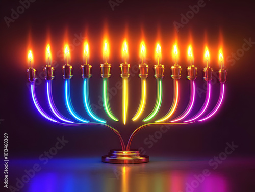 Vibrant Flat Vector Illustration of a Glowing Menorah with Rainbow Light Streaks for Festive Hanukkah Banners and Holiday Advertising