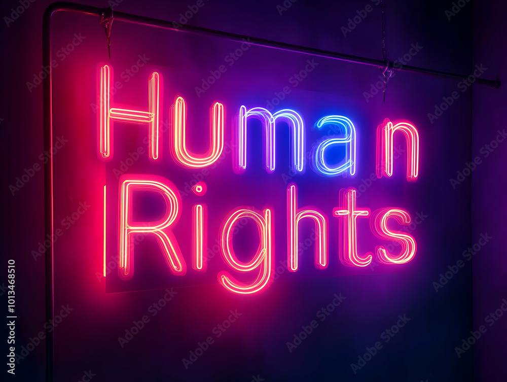 Flat Glossy Black Background with Glowing Neon 'Human Rights' Text for Impactful Ads - Perfect for Human Rights Day with Copy Space in Modern Futuristic Style Flat Glossy Black Background with Glowing Neon 'Human Rights' Text for Impactful Ads - Perfect for Human Rights Day with Copy Space in Modern Futuristic Style