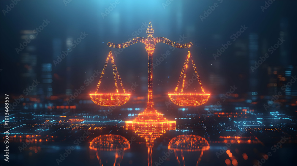 3D Abstract Glowing Scales of Justice Icon for Human Rights Day - Digital Representation of Equality and Balance Against Futuristic Background 3D Abstract Glowing Scales of Justice Icon for Human Rights Day - Digital Representation of Equality and Balance Against Futuristic Background
