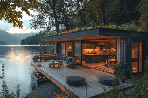 Modern cabin on a lake with a deck and a view of the mountains at sunset.