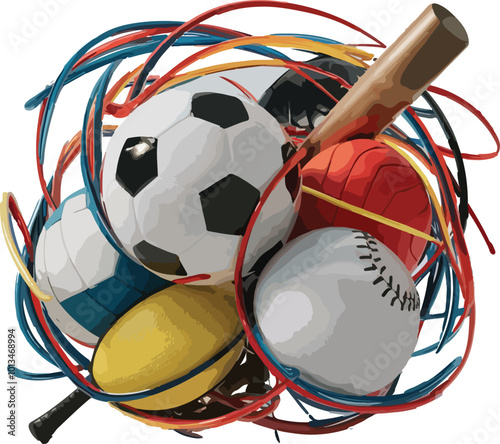 Soccer, Volleyball, Baseball And Rugby Equipment Vector Illustration
