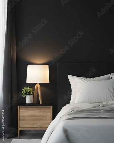A modern bedroom with a bold black and white color scheme and warm ambient lighting