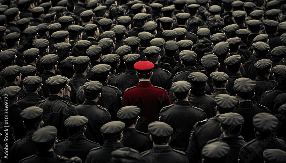 Obraz premium Photograph an individual dressed distinctly among a large crowd wearing uniform or similar attire, creating a contrast between them and the crowd