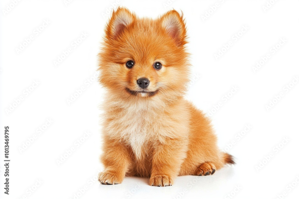 A charming German Spitz sits quietly, displaying its soft, fluffy coat and small, perky ears against a pristine white backdrop that highlights its delightful appearance. A charming German Spitz sits quietly, displaying its soft, fluffy coat and small, perky ears against a pristine white backdrop that highlights its delightful appearance.