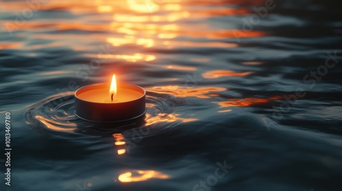 A Single Candle Floating on a Calm Water Surface