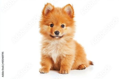 A charming German Spitz sits quietly, displaying its soft, fluffy coat and small, perky ears against a pristine white backdrop that highlights its delightful appearance.