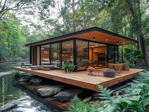 Modern cabin with large windows overlooking a tranquil river, surrounded by lush green trees.