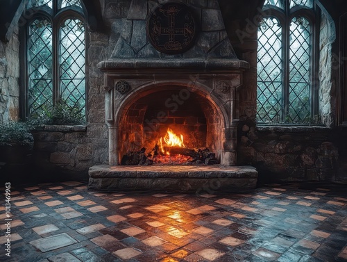 luxurious fireplace nestled within an exquisite medieval castle room flickering flames casting warm light on intricate stonework evoking a sense of history and coziness