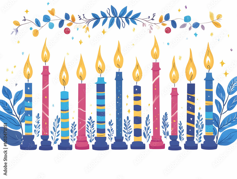Elegant Flat Border Frame Design with Glowing Hanukkah Candles and Dreidels | Modern Spiritual Illustration Featuring White Copy Space