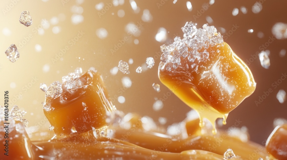 Close-up of caramel pieces splashing with sugar crystals against a warm background. Close-up of caramel pieces splashing with sugar crystals against a warm background.
