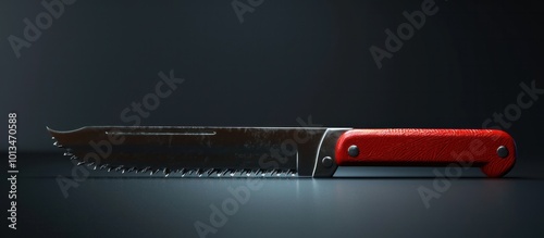 Closeup of a sharp red handled steel utility knife lying on a dark background  This versatile tool is commonly used for various tasks in construction carpentry home improvement and DIY projects photo