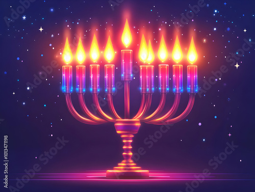 Modern Flat Abstract Illustration of Glowing Hanukkah Gelt and Menorah with Neon Accents Against Vibrant Background � Perfect for Holiday Ecommerce Banners