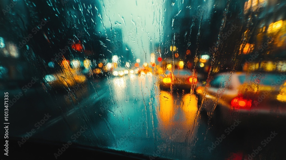 Blurry city lights seen through a rain-streaked windshield. Blurry city lights seen through a rain-streaked windshield.