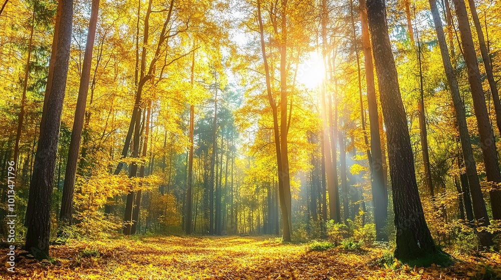 Fototapeta premium Autumn Forest with Golden Leaves and Sunlight