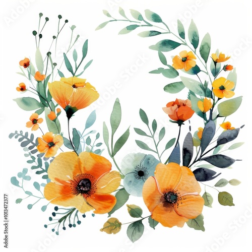 Spring Watercolor Wreath with Wildflowers and Greenery