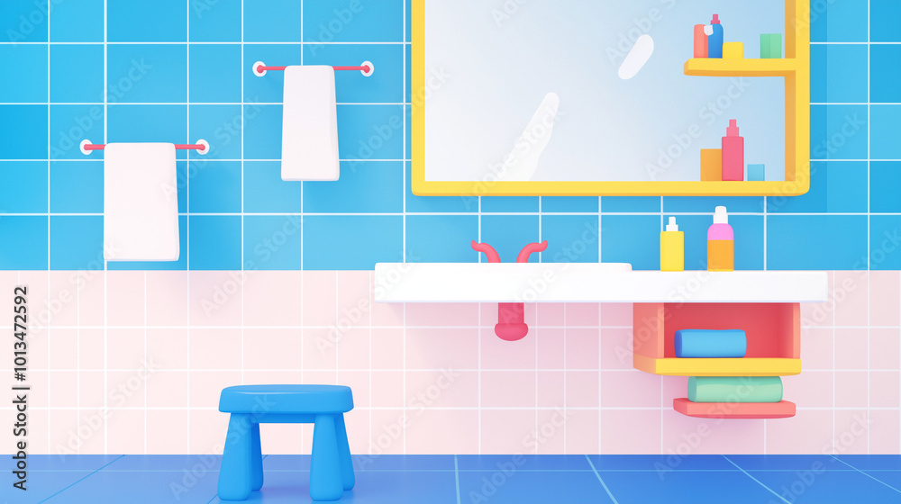 Modern Bathroom Sink with Colorful Bottles and a Step Stool for Kids Modern Bathroom Sink with Colorful Bottles and a Step Stool for Kids