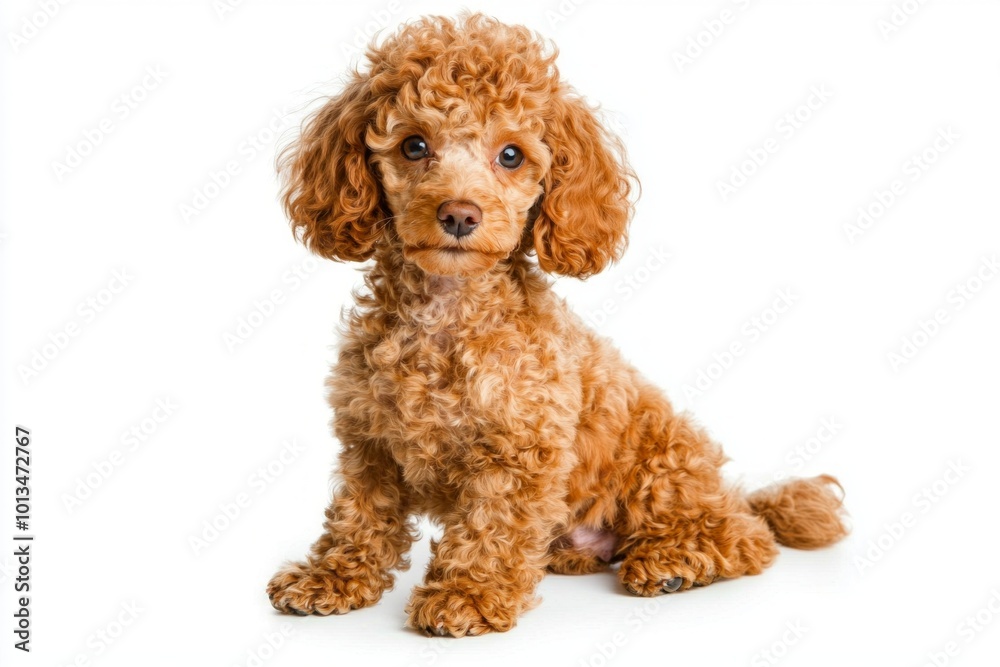 This adorable poodle sits gracefully, its stunning curly coat highlighting its playful yet elegant demeanor. The bright white background accentuates its charming features. This adorable poodle sits gracefully, its stunning curly coat highlighting its playful yet elegant demeanor. The bright white background accentuates its charming features.