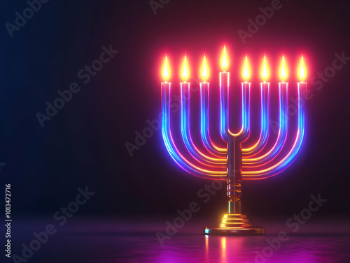 Flat Glossy Menorah with Digital Neon Lights on Dark Background - Perfect for Modern Hanukkah Promotions and Banners